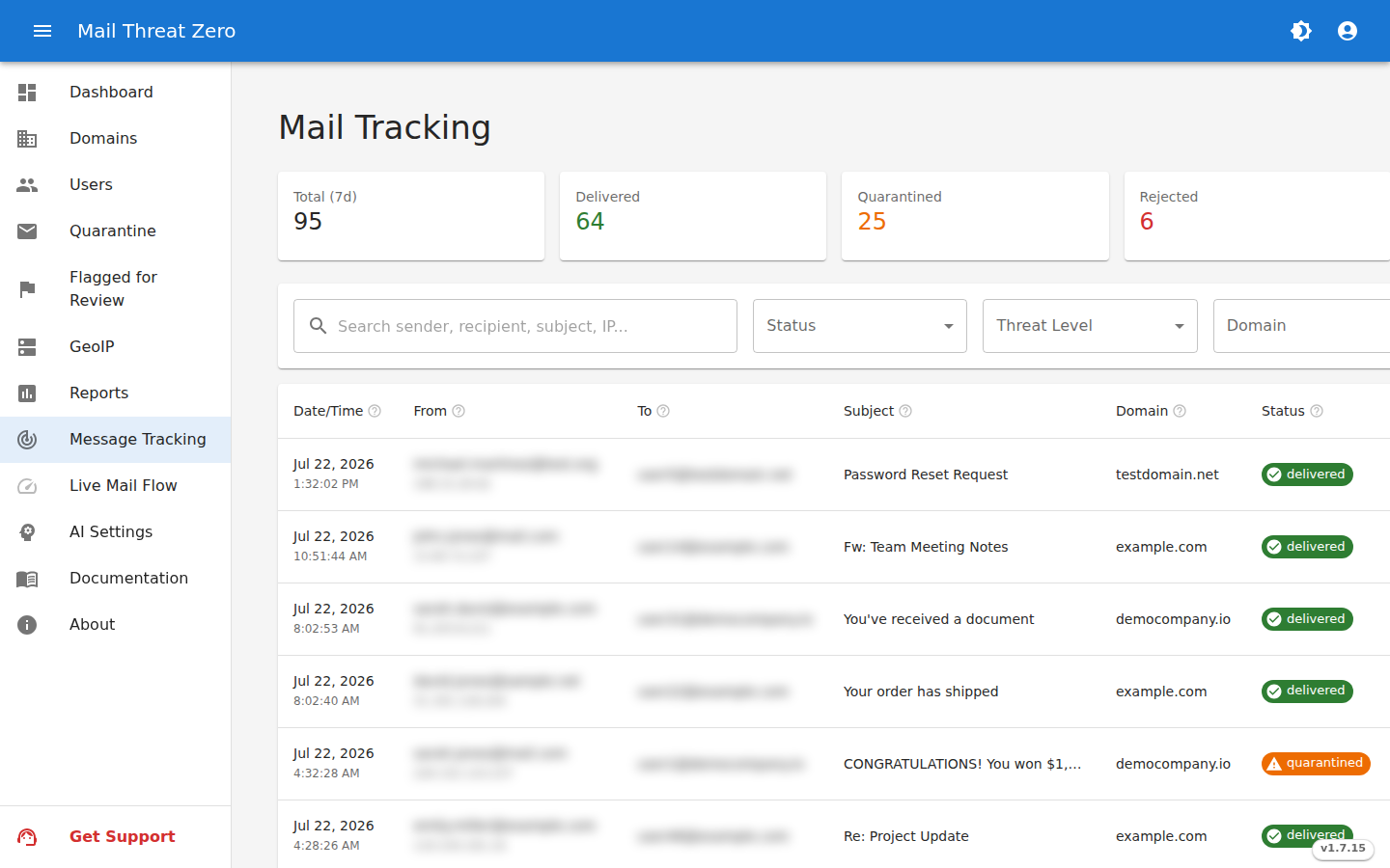 Message tracking — per-message filter breakdown (recipient data blurred)
